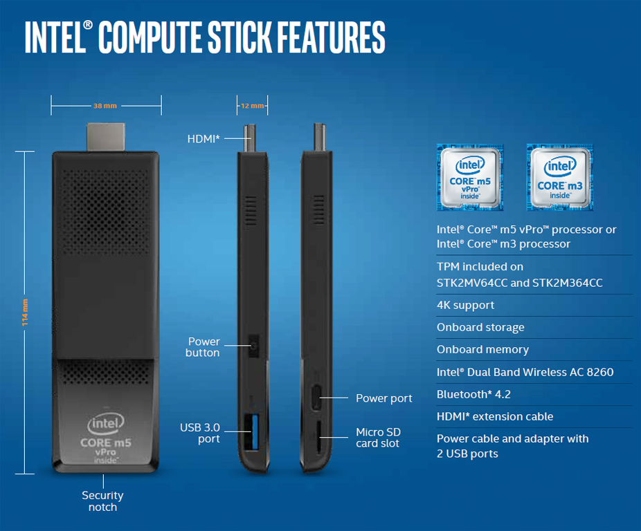 Der Intel Compute Stick inkl. Bemaßungen.